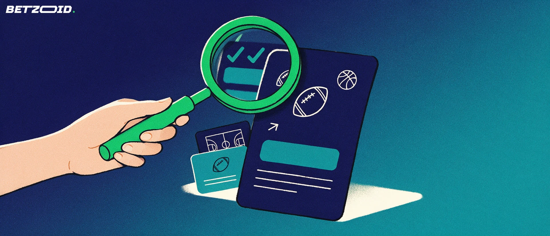 Ilustração de uma lupa verde examinando um bilhete de apostas com ícones de bola de futebol e de basquete e marcas de verificação.
