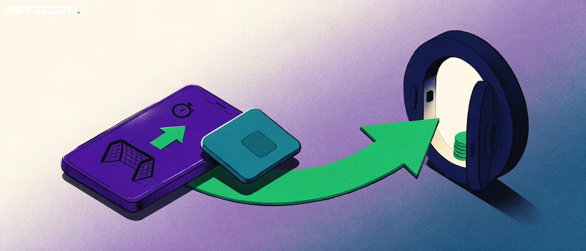 Ilustração de um celular com símbolos esportivos ao lado de um cartão de pagamento e uma seta que aponta para um cofre circular.