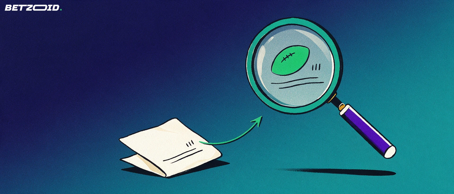 Ilustração de uma grande lupa examinando um bilhete de aposta de futebol com bola e marcas de conferência.