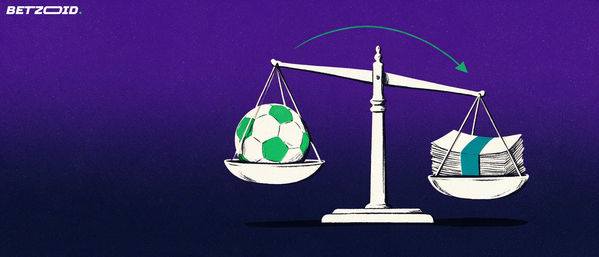 Ilustração de uma balança comparando uma bola de futebol com uma pilha de bilhetes de aposta dobrados.