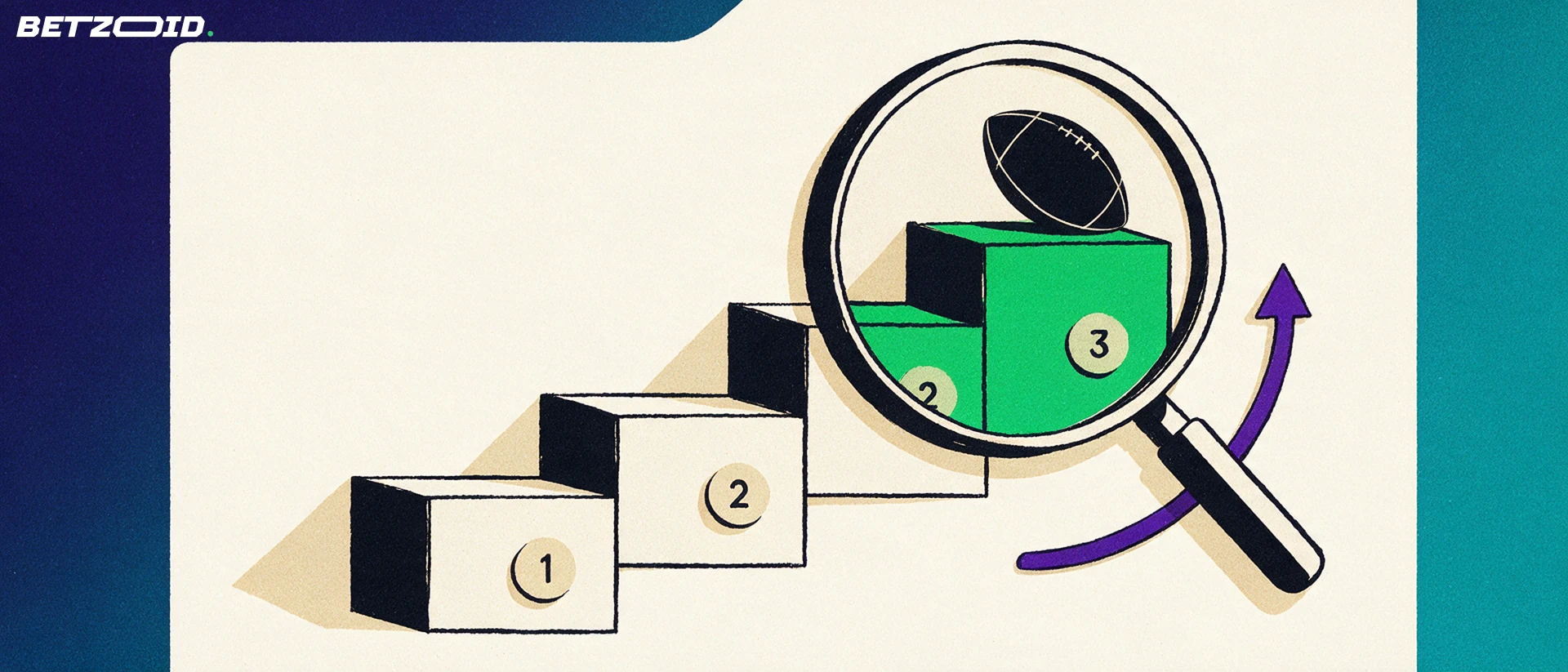 Ilustração de uma lupa ampliando degraus crescentes com uma bola de futebol no degrau mais alto e uma seta apontando para cima.