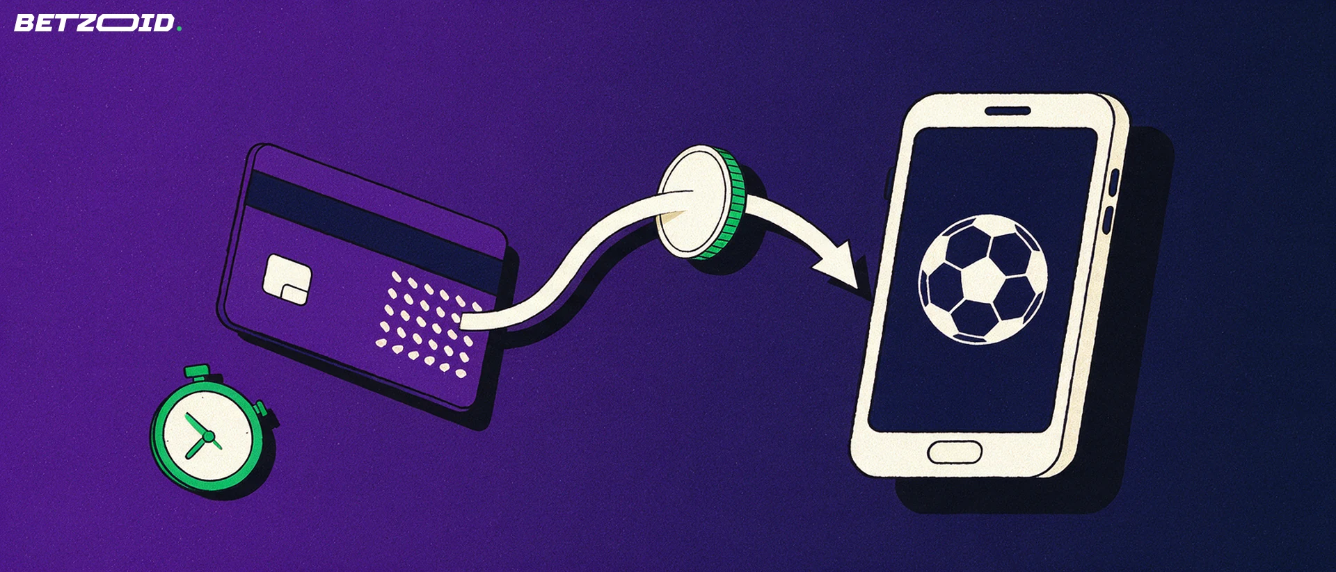 Ilustração de um celular com símbolo de bola de futebol na tela ligado por uma seta curva a um cartão bancário, com uma moeda e um cronômetro.