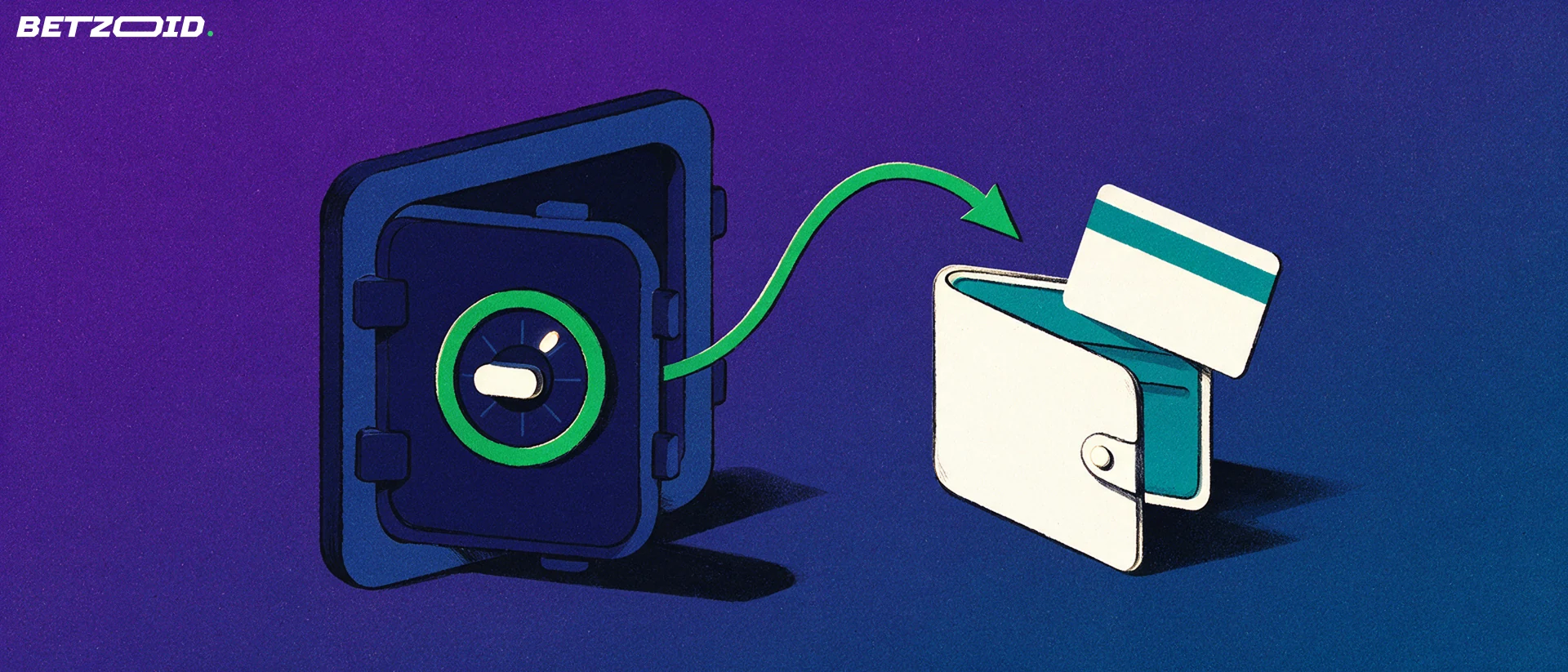 Ilustração de um cofre entreaberto com uma seta verde curva que leva o valor até uma carteira aberta com um cartão simples.