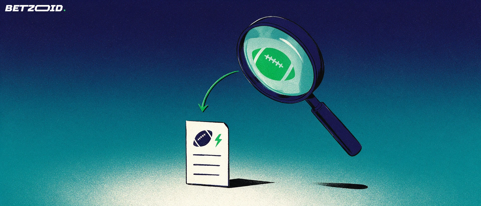 Ilustração de uma grande lupa inclinada examinando um bilhete de aposta com símbolos de futebol, sobre fundo azul-marinho e turquesa.
