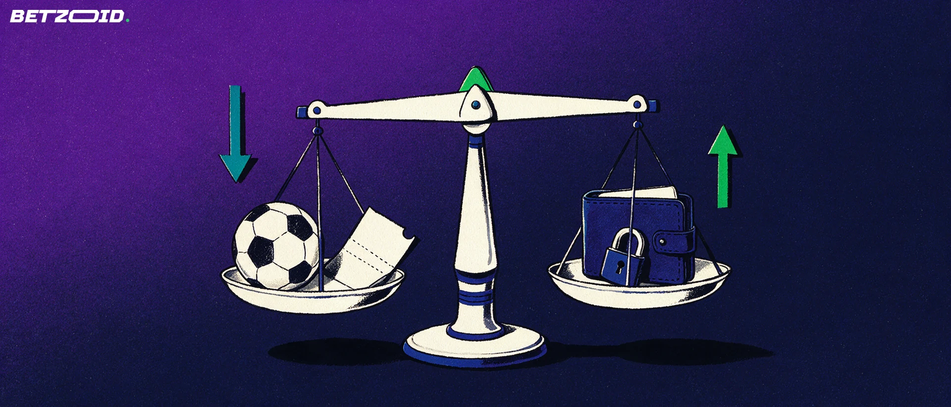 Ilustração de uma balança inclinada com uma bola de futebol e um bilhete de aposta num prato e uma carteira com cadeado no outro.