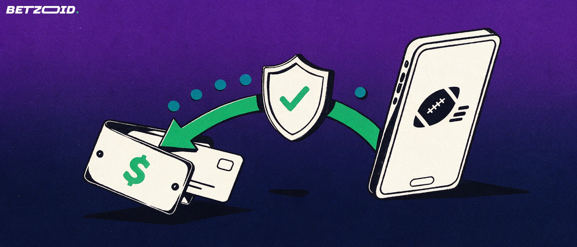 Ilustração de um celular com ícone de futebol na tela e uma seta verde que leva, através de um escudo com visto, até uma carteira aberta com cartão.