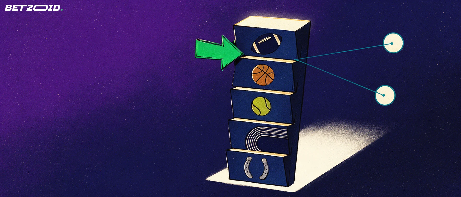 Illustration of a tall betting markets board with panels showing football, basketball, tennis and horse racing symbols, one panel marked by a green arrow selector.