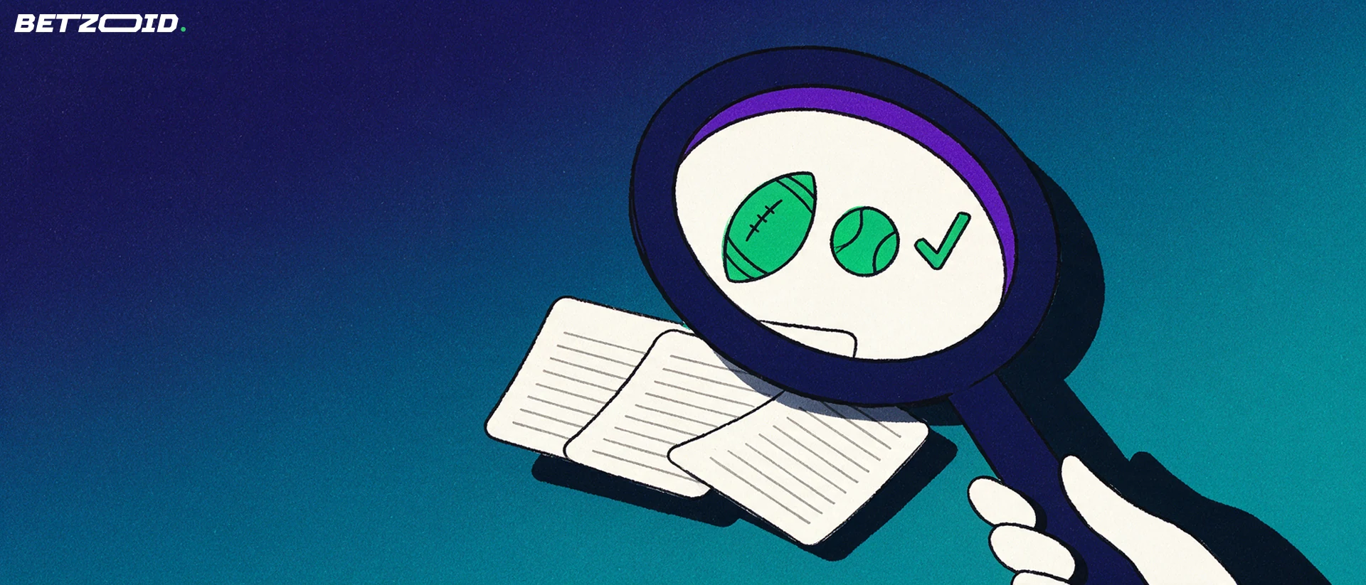 Ilustração de uma lupa a examinar boletins de apostas, com símbolos de bola de futebol e de tênis ampliados na lente.