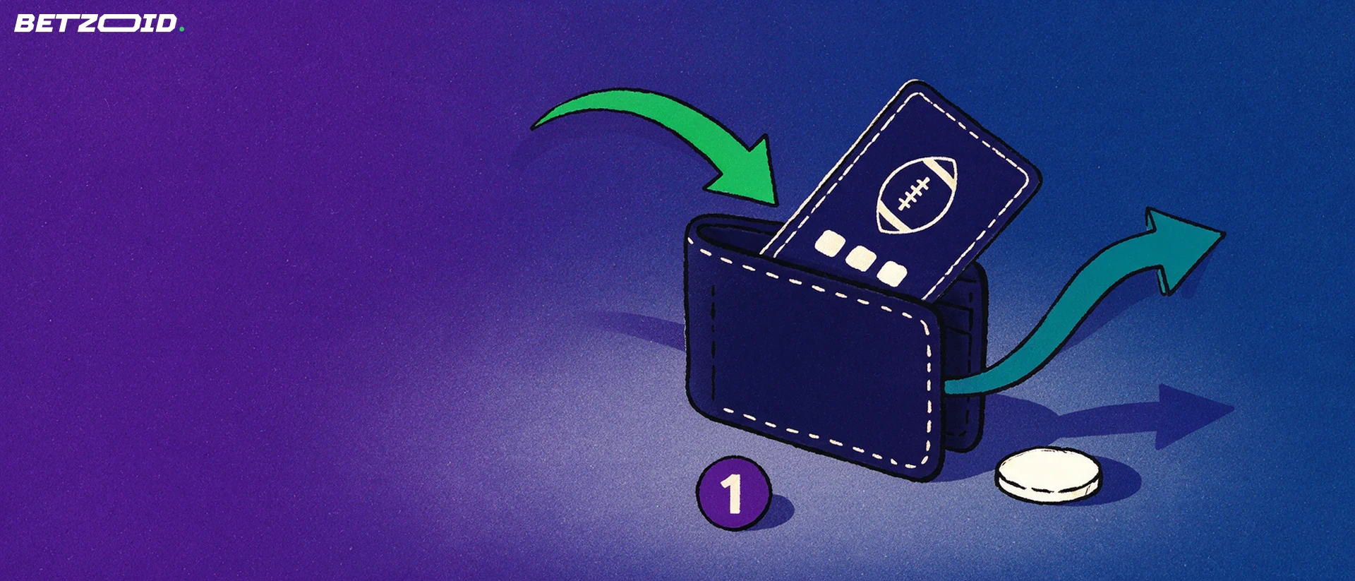 Illustration of an open wallet with a plain payment card marked by a football symbol, with arrows showing deposits in and withdrawals out.
