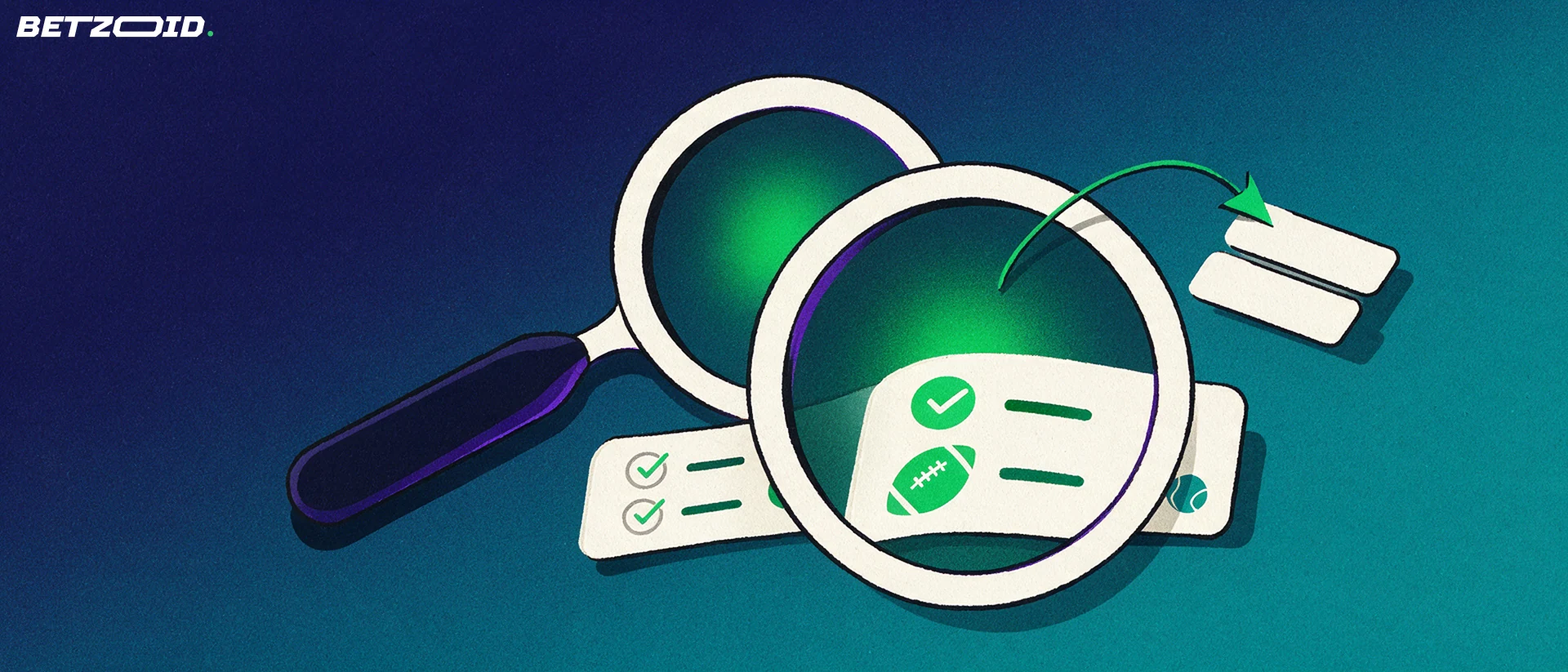 Ilustração de uma lupa a ampliar um boletim de apostas com ícones de futebol e ténis e marcas de verificação.