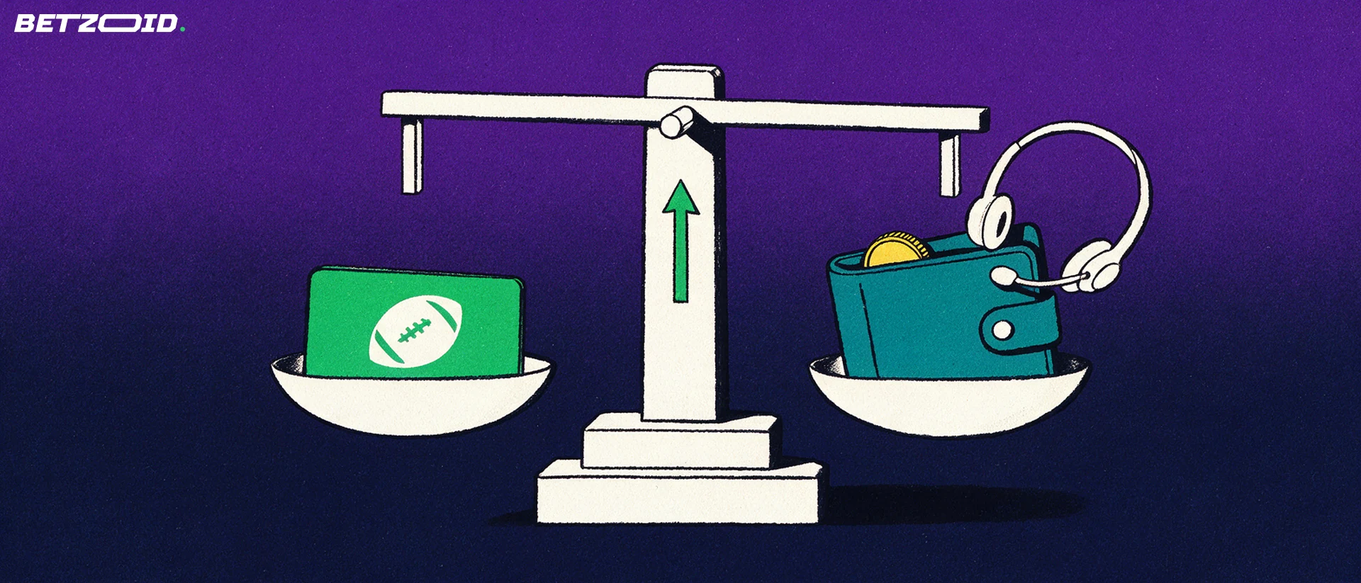 Ilustração de uma balança que equilibra um telemóvel com símbolo de futebol de um lado e uma carteira com auscultadores de apoio do outro.