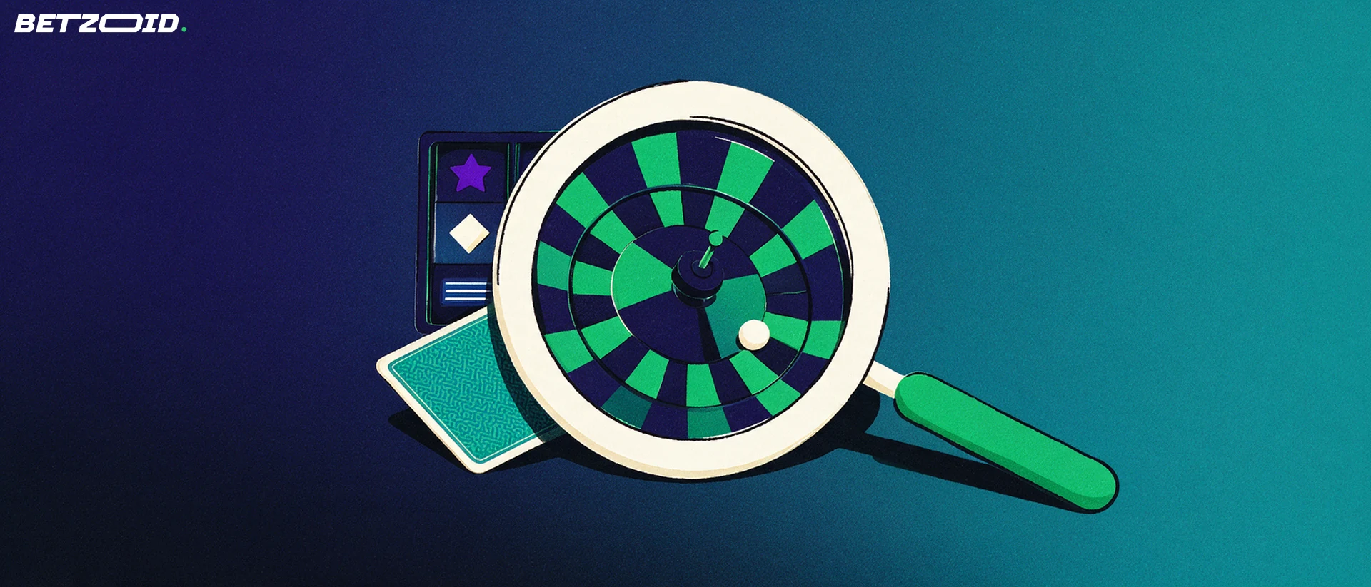 Ilustração de uma lupa a ampliar uma roleta estilizada, com uma bobina de slot e uma carta de jogo ao lado.
