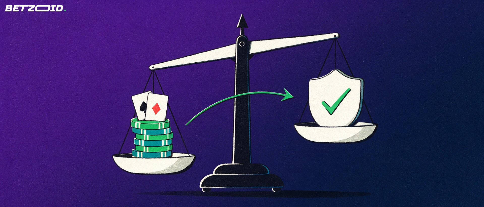 Ilustração de uma balança que pesa fichas de casino e cartas de jogar de um lado e um escudo com visto verde do outro.