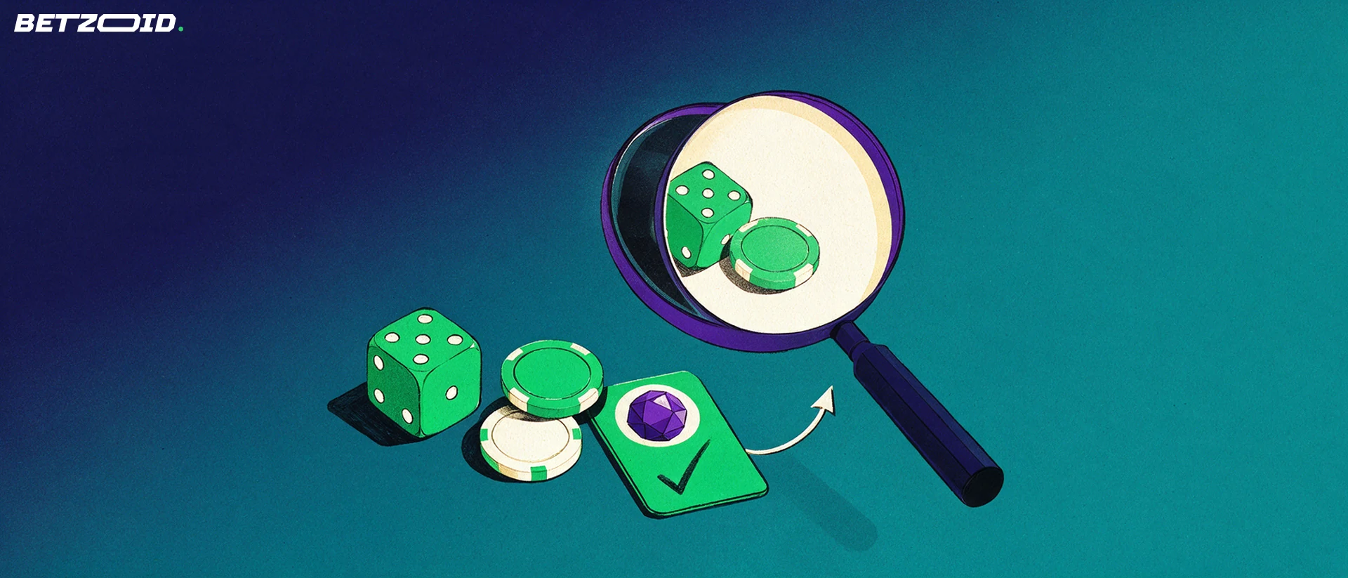 Ilustração de uma lupa a examinar um dado, fichas de casino e um boletim de apostas com um símbolo de bola.