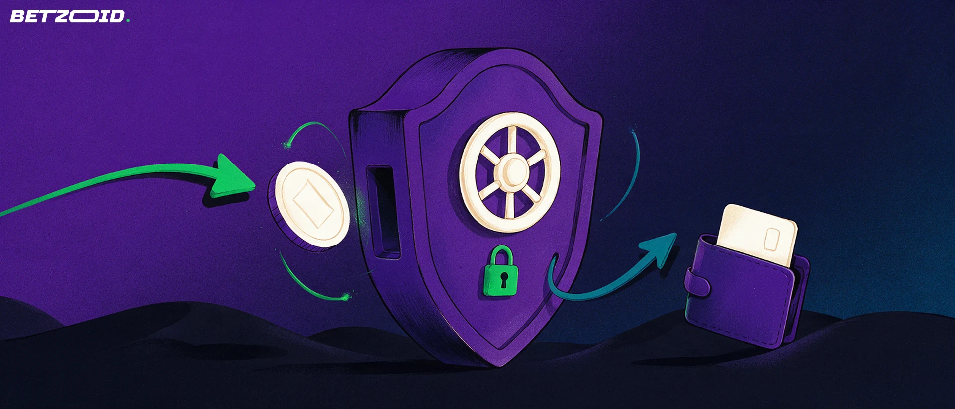 Ilustração de um cofre em forma de escudo com cadeado, uma moeda a entrar por setas e uma carteira a receber o pagamento.