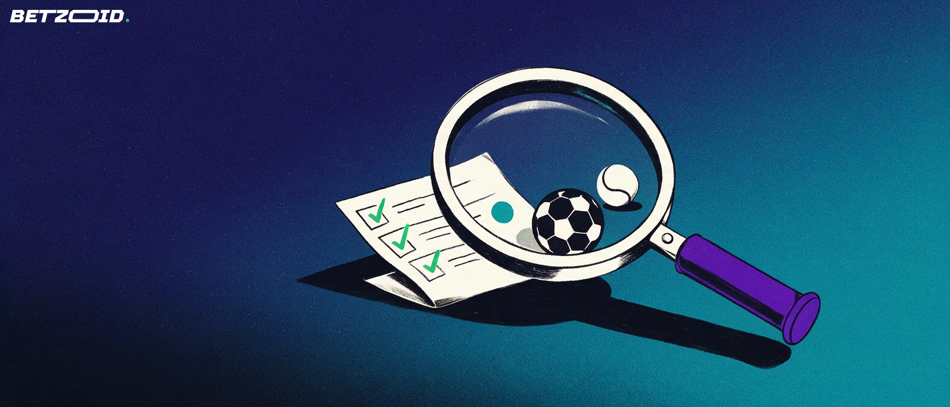 Ilustração de uma grande lupa a examinar um boletim de apostas desportivas com marcas de verificação, ao lado de uma bola de futebol e uma bola de ténis.