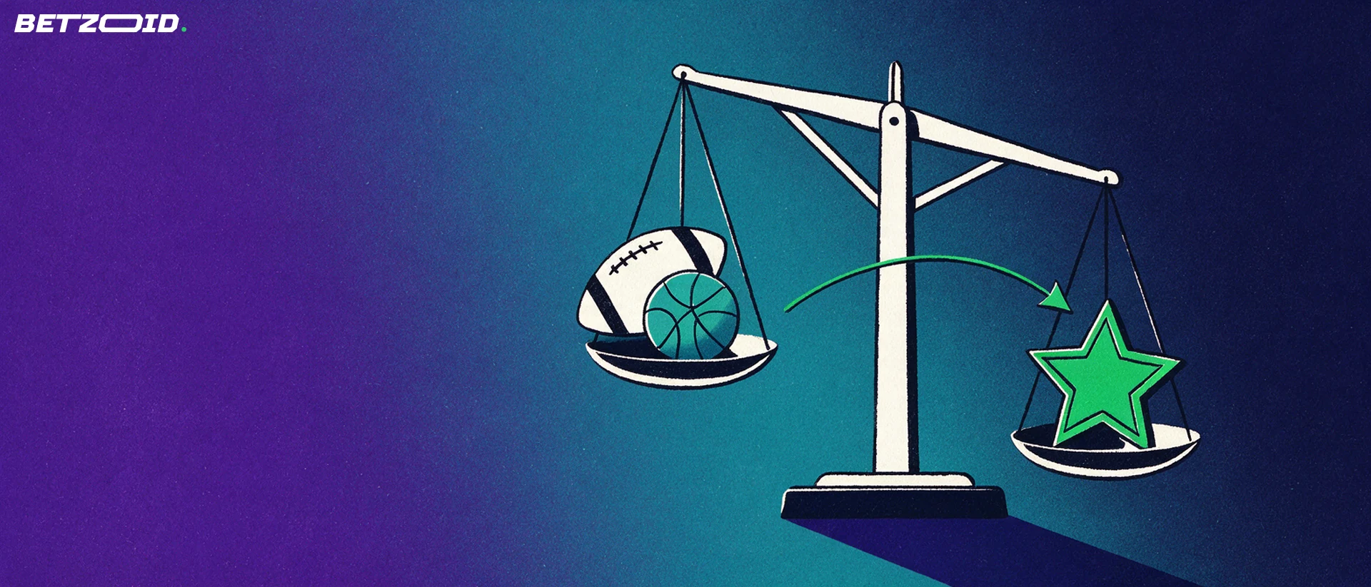 Ilustração de uma balança de dois pratos: num prato bolas de futebol e basquetebol, no outro uma estrela, representando a avaliação de uma casa de apostas.