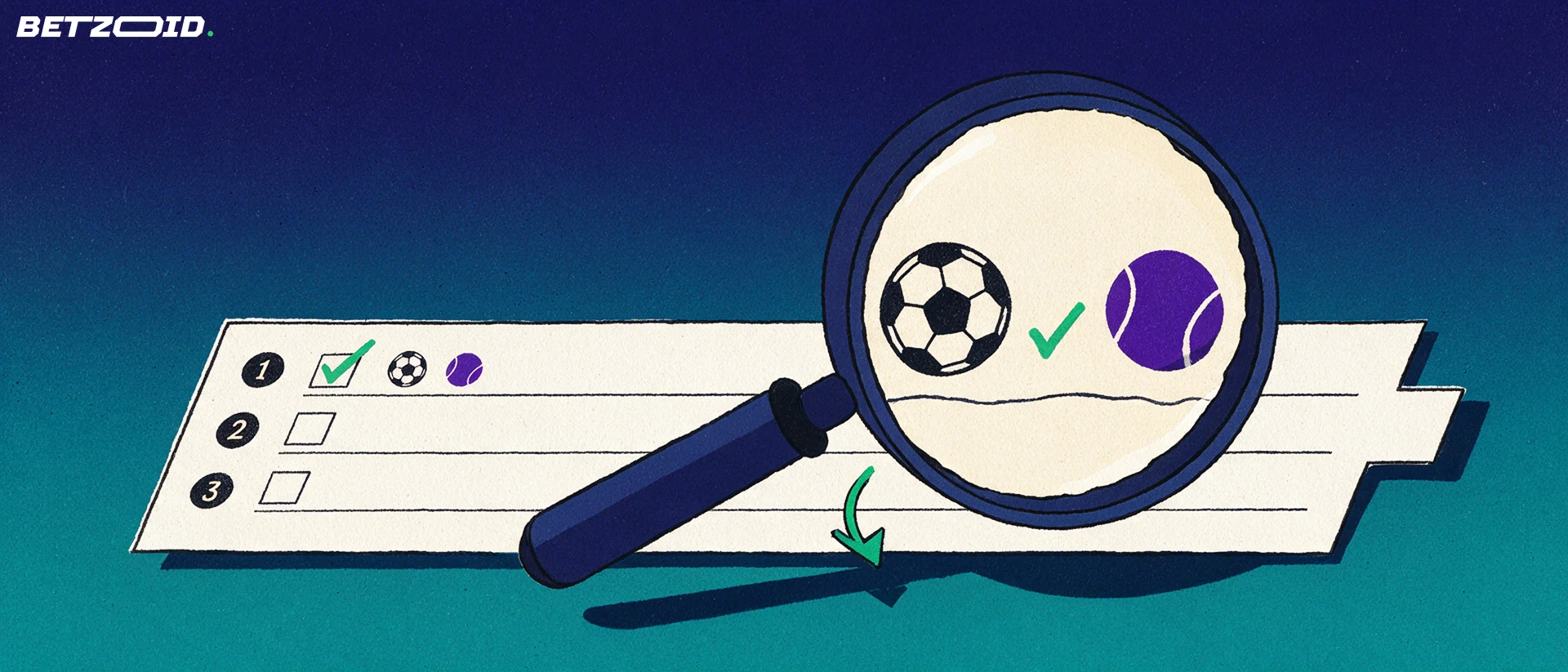 Ilustração de uma grande lupa a examinar um boletim de apostas com símbolos de futebol, ténis e um visto verde.