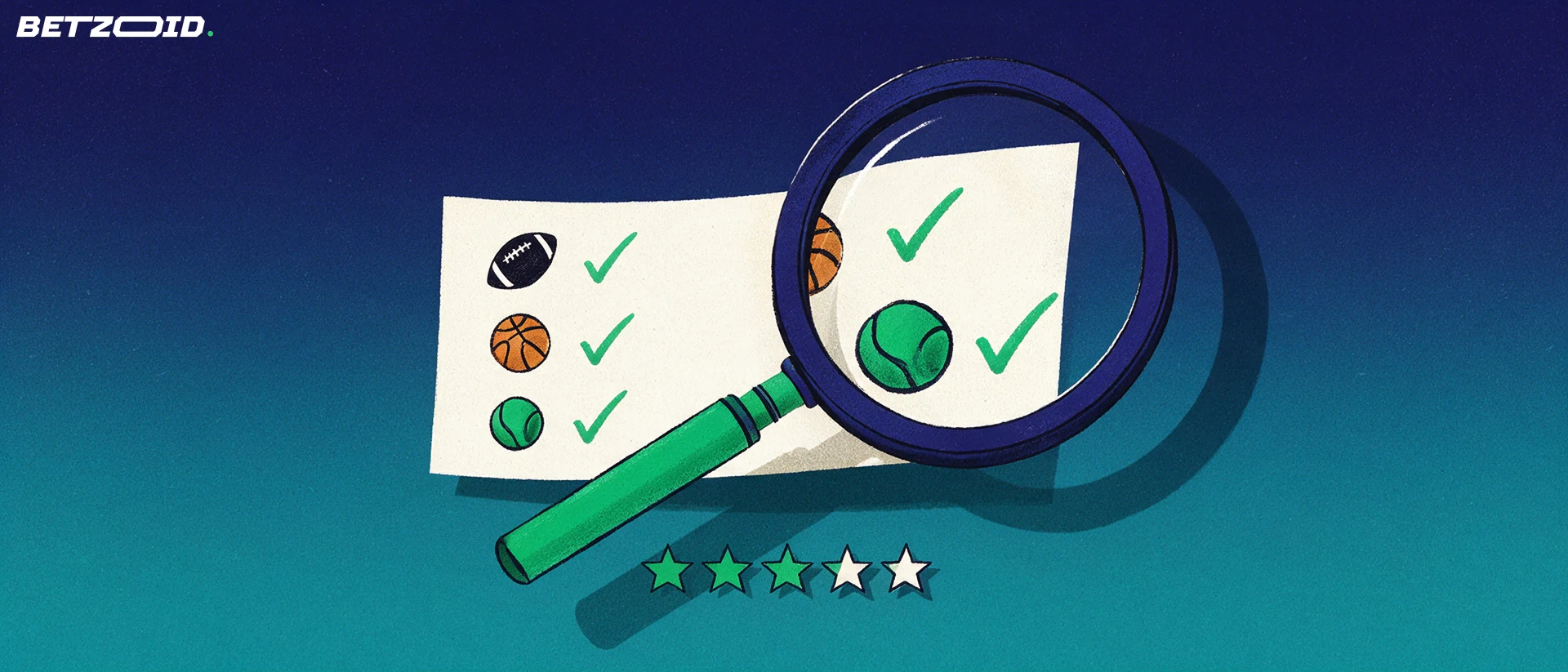 Ilustração de uma grande lupa a inspecionar um boletim de apostas com símbolos de futebol, basquetebol e ténis e uma fila de estrelas de avaliação.