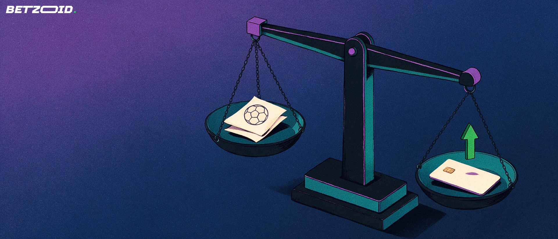 Ilustração de uma balança que compara um boletim de apostas com símbolo de futebol num prato e um cartão de pagamento com seta ascendente no outro.