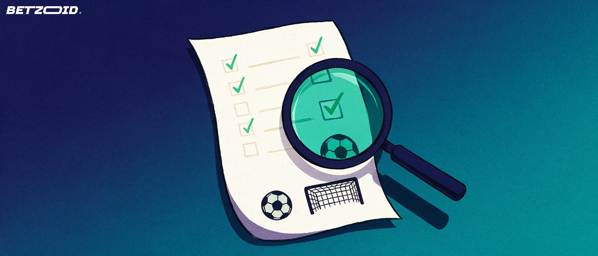 Ilustração de uma lupa a ampliar um boletim de apostas com marcas de verificação e símbolos de futebol.