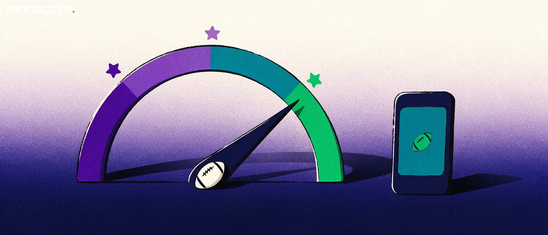 Ilustração de um mostrador de avaliação com estrelas e uma bola de futebol ao centro, ao lado de um telemóvel com ícone de futebol.