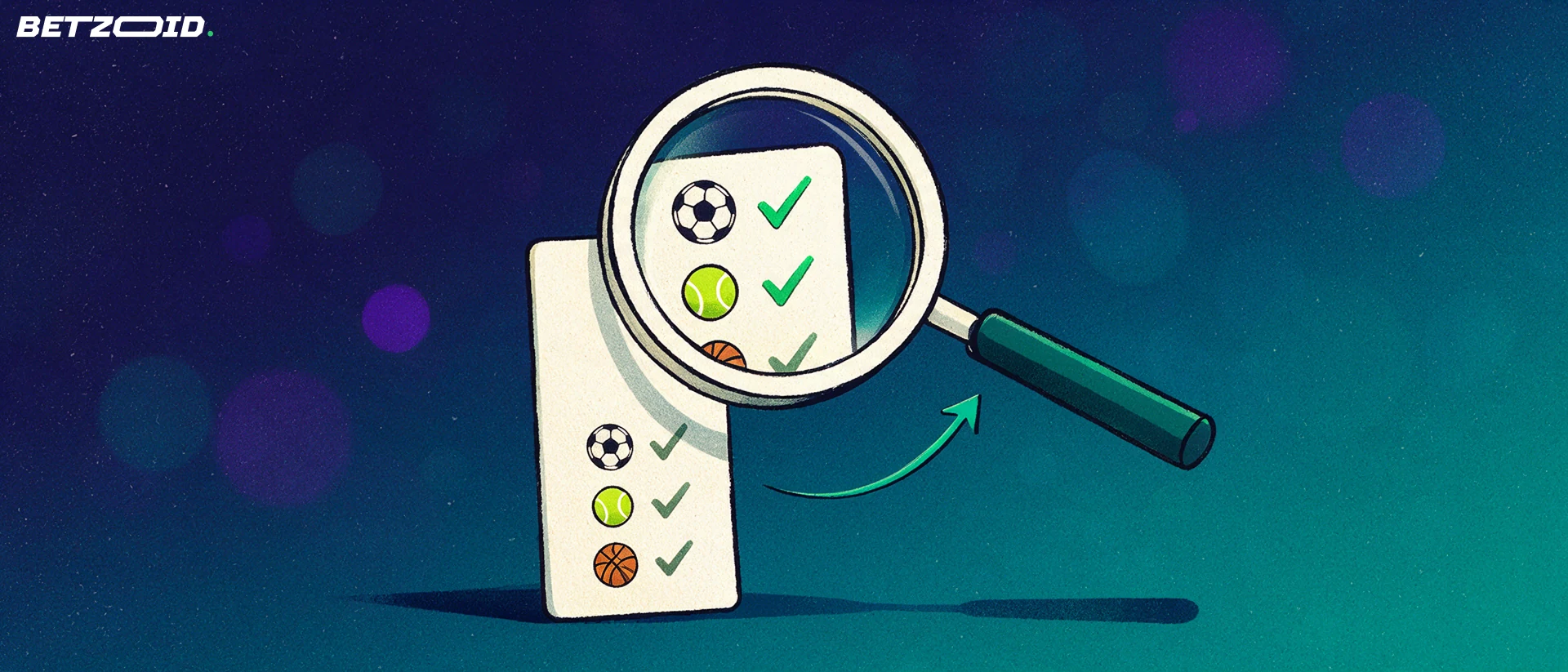 Ilustração de uma grande lupa a examinar um boletim de apostas com símbolos de futebol, ténis e basquetebol assinalados com vistos verdes.