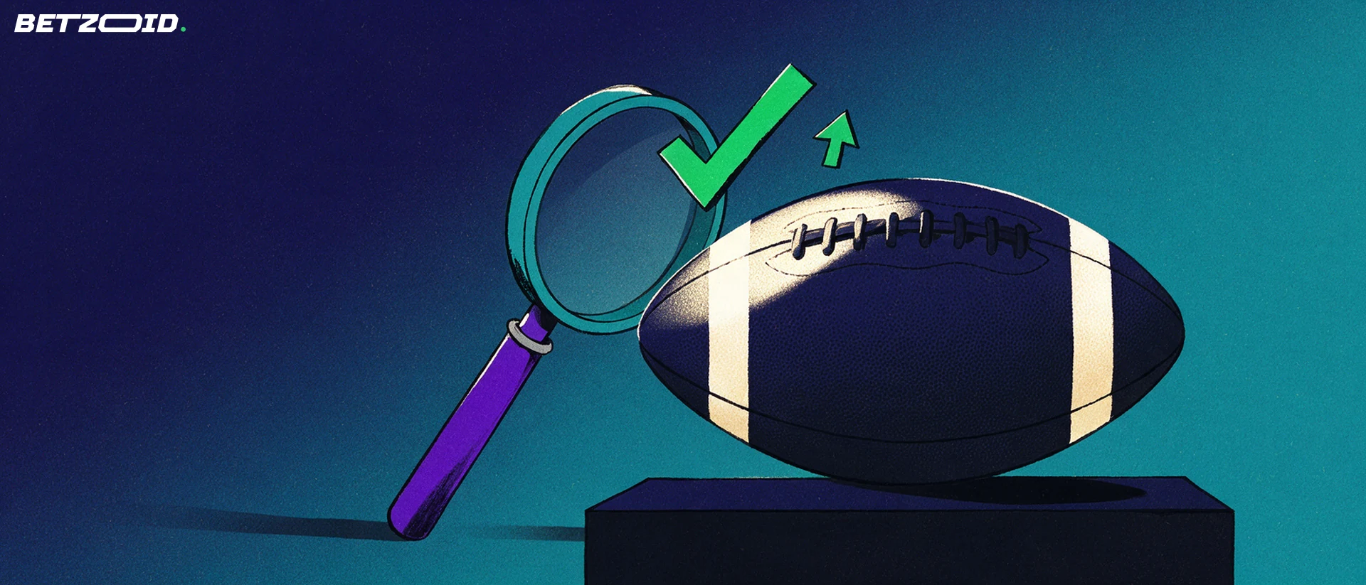 Illustration of a magnifying glass examining an American football with a green checkmark and upward arrow