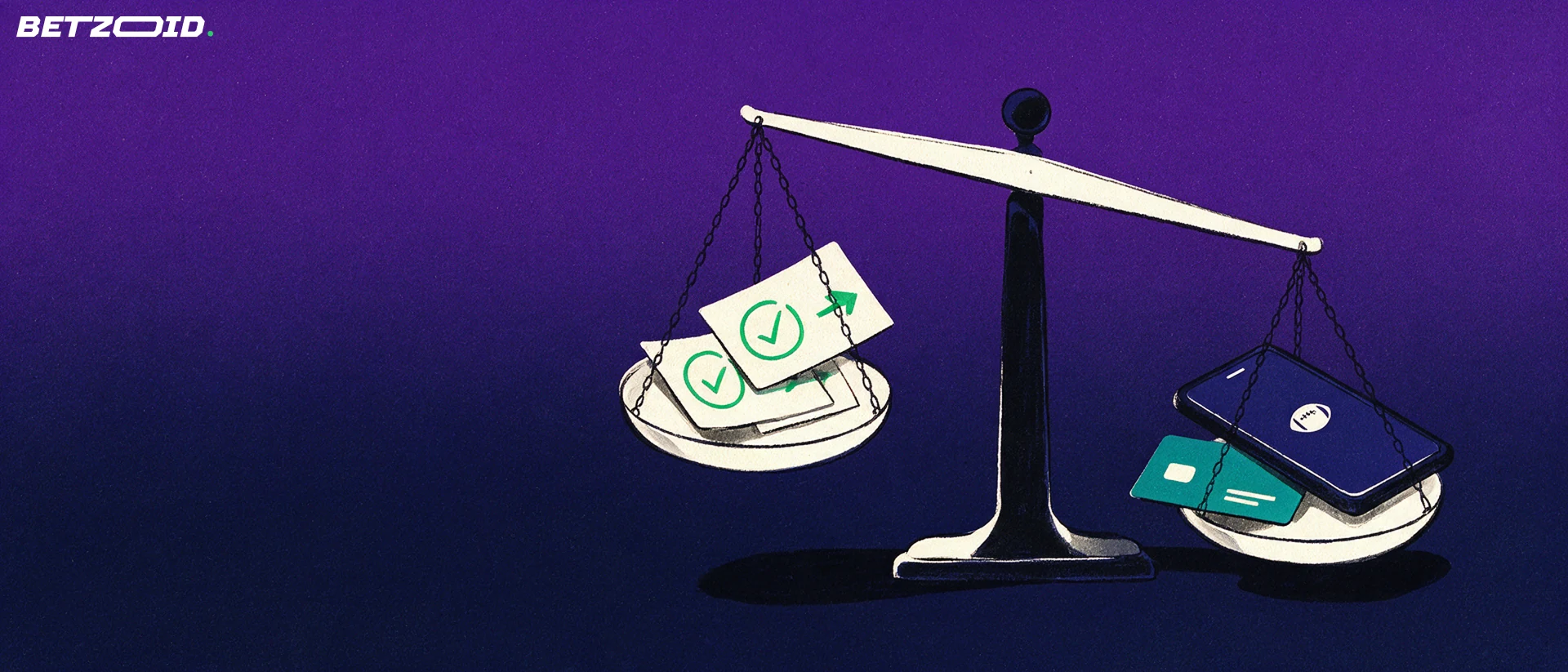 Illustration of a balance scale weighing betting slips against a smartphone with a football symbol and a payment card