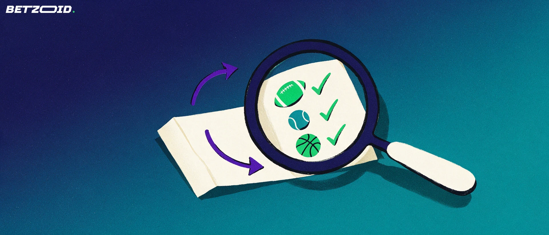 Ilustração de uma grande lupa a examinar um boletim de apostas com símbolos de futebol, tênis e basquetebol assinalados com vistos.