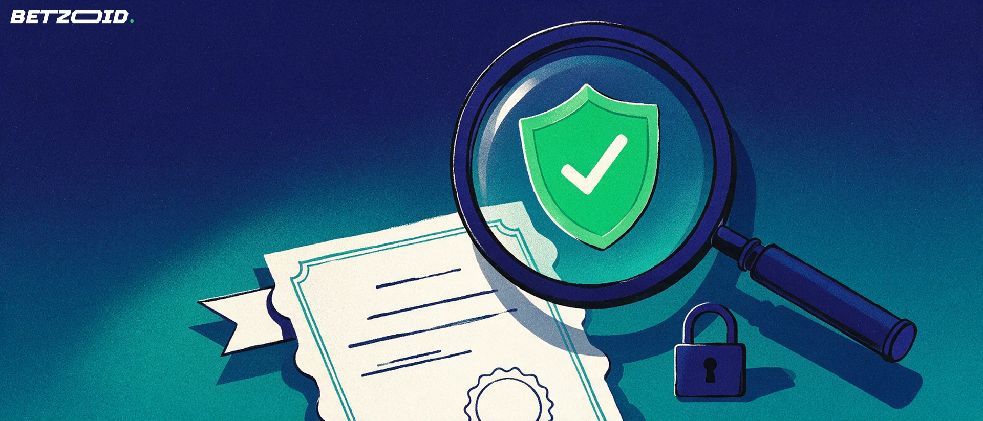 Ilustração de uma lupa a ampliar um certificado com selo e um escudo verde com visto, ao lado de um cadeado.