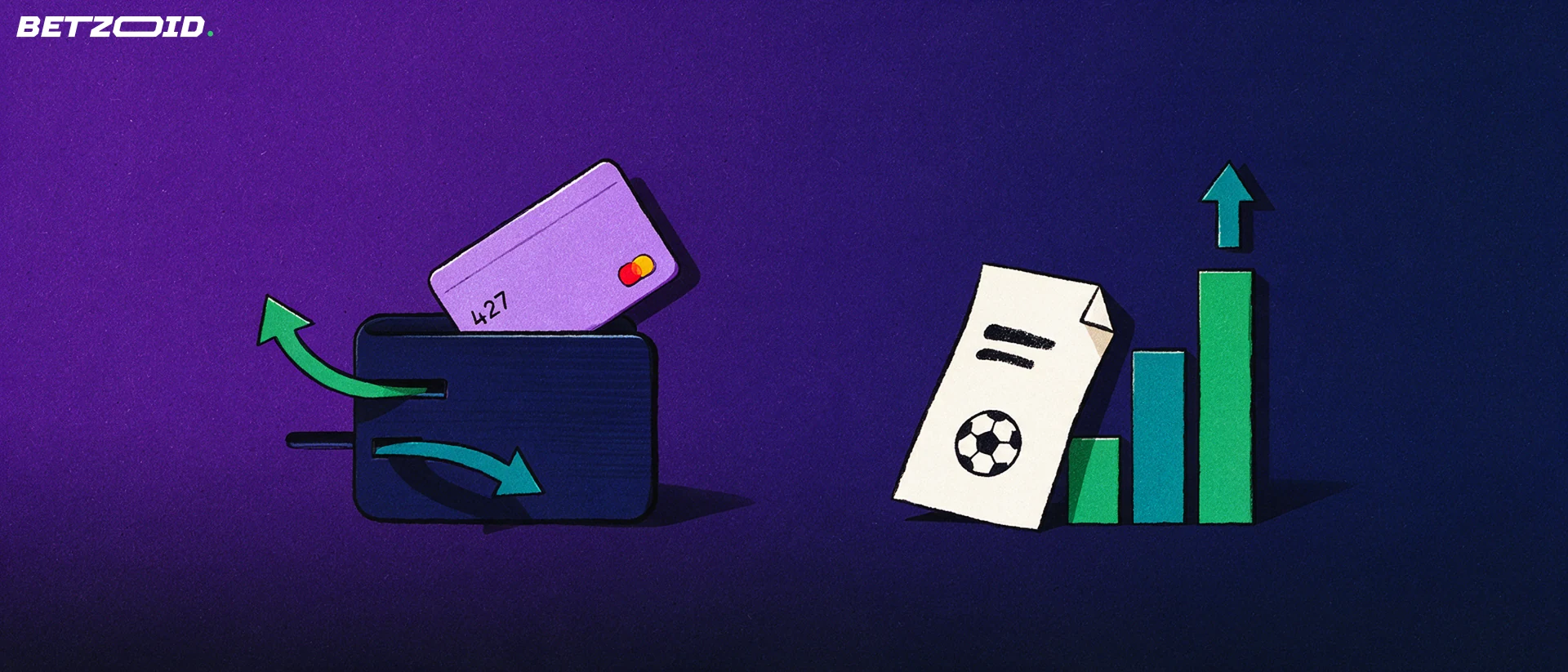 Ilustração de um cartão bancário a entrar numa carteira com setas de entrada e saída, ao lado de um boletim de aposta com ícone de bola e barras ascendentes.