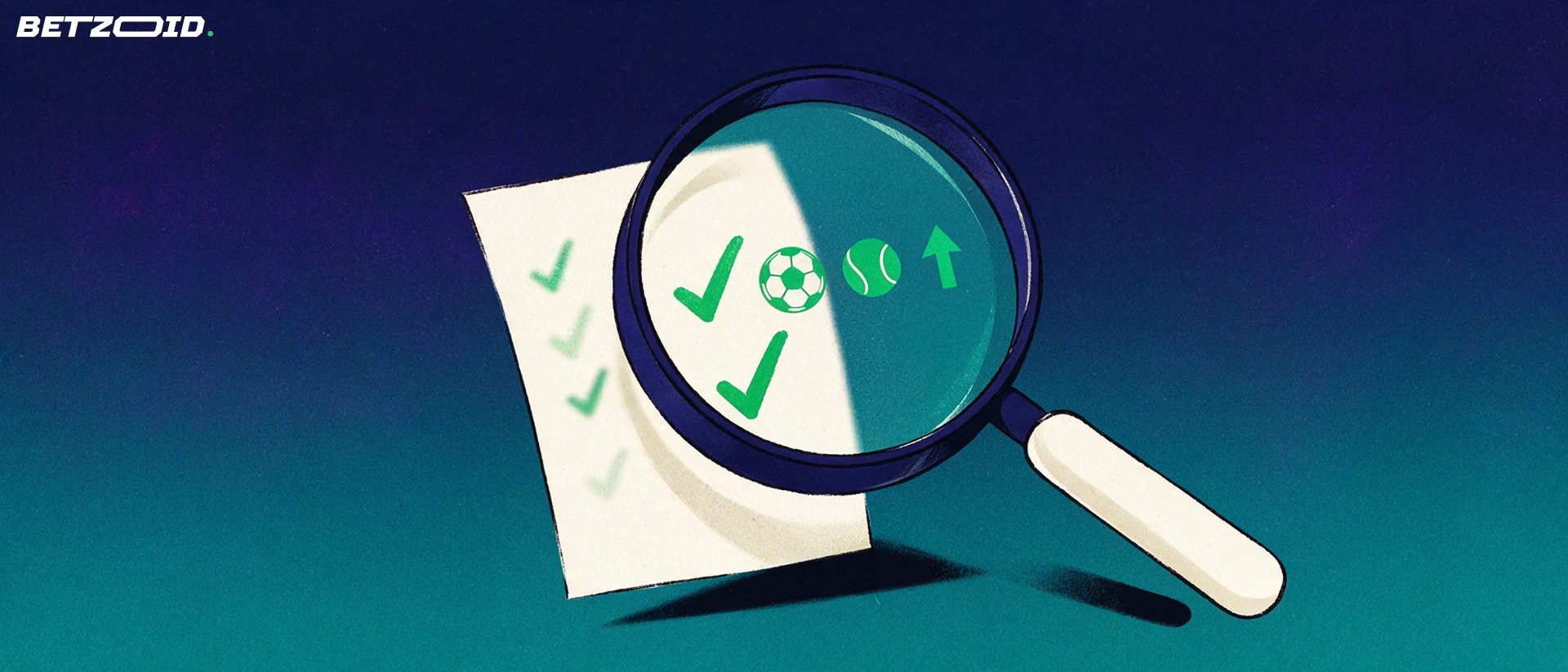 Ilustração de uma grande lupa a examinar um boletim de apostas com símbolos de futebol e tênis e marcas de verificação.