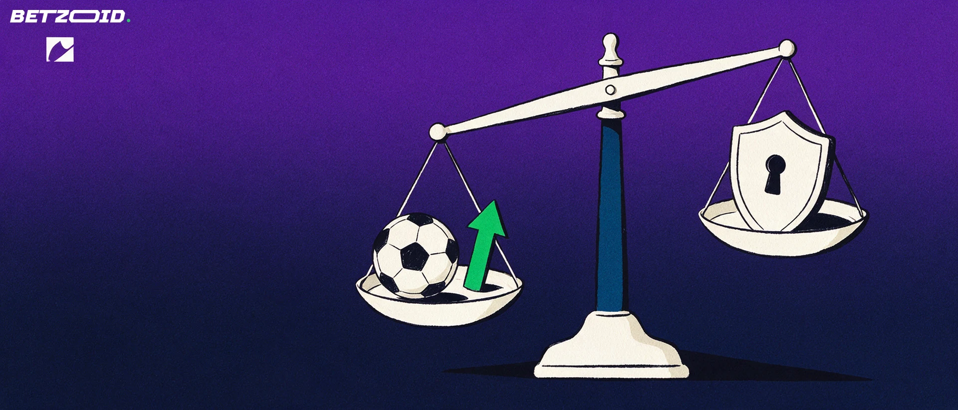 Ilustração de uma balança que pesa uma bola de futebol com uma seta ascendente num prato e um escudo com fechadura no outro.