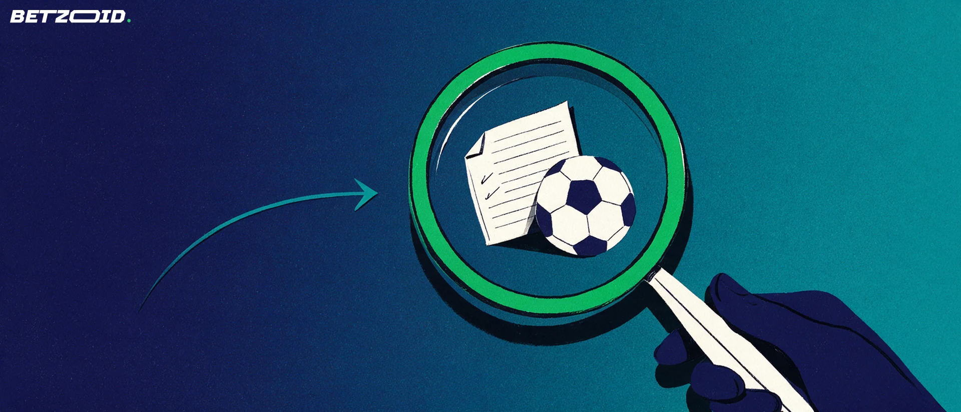 Illustration of a large magnifying glass examining a folded paper betting coupon and a football