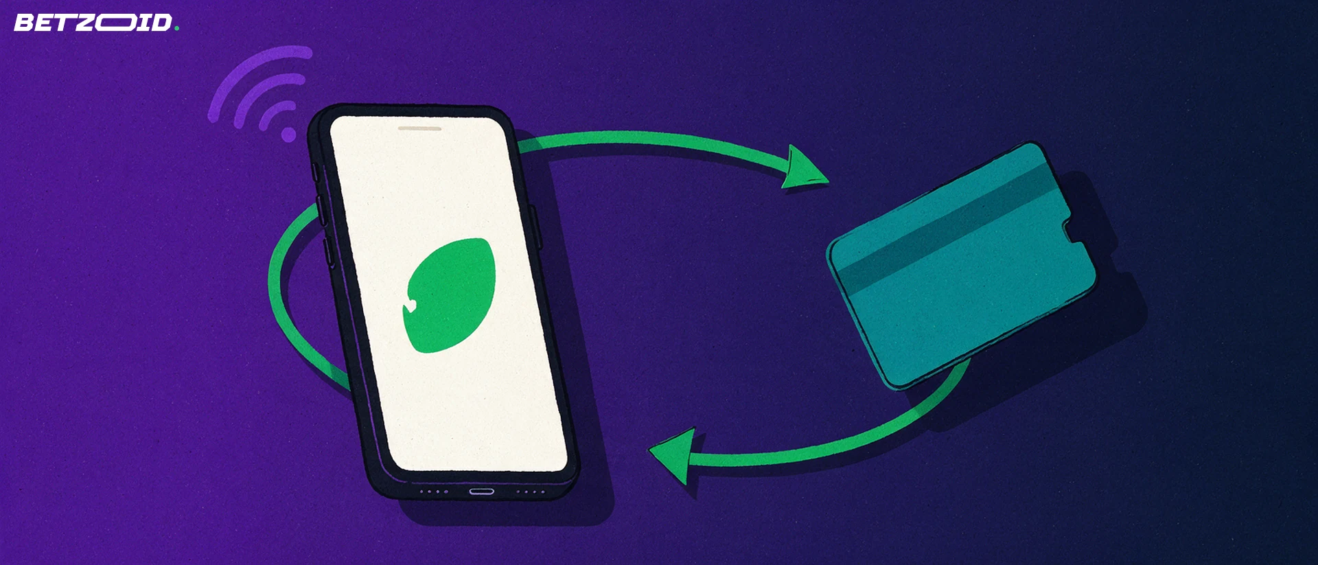 Illustration of a smartphone showing a football symbol linked by a circular arrow loop to a plain payment card