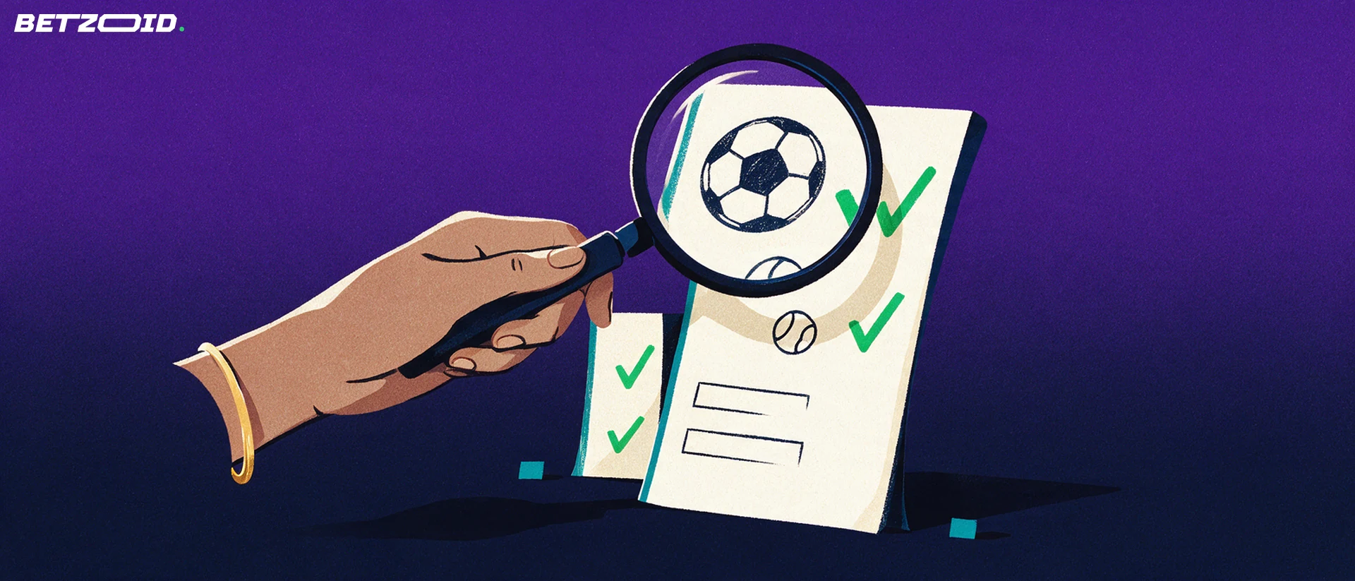 Ilustração de uma lupa a examinar um boletim de apostas com ícones de futebol e ténis e dois sinais de visto.