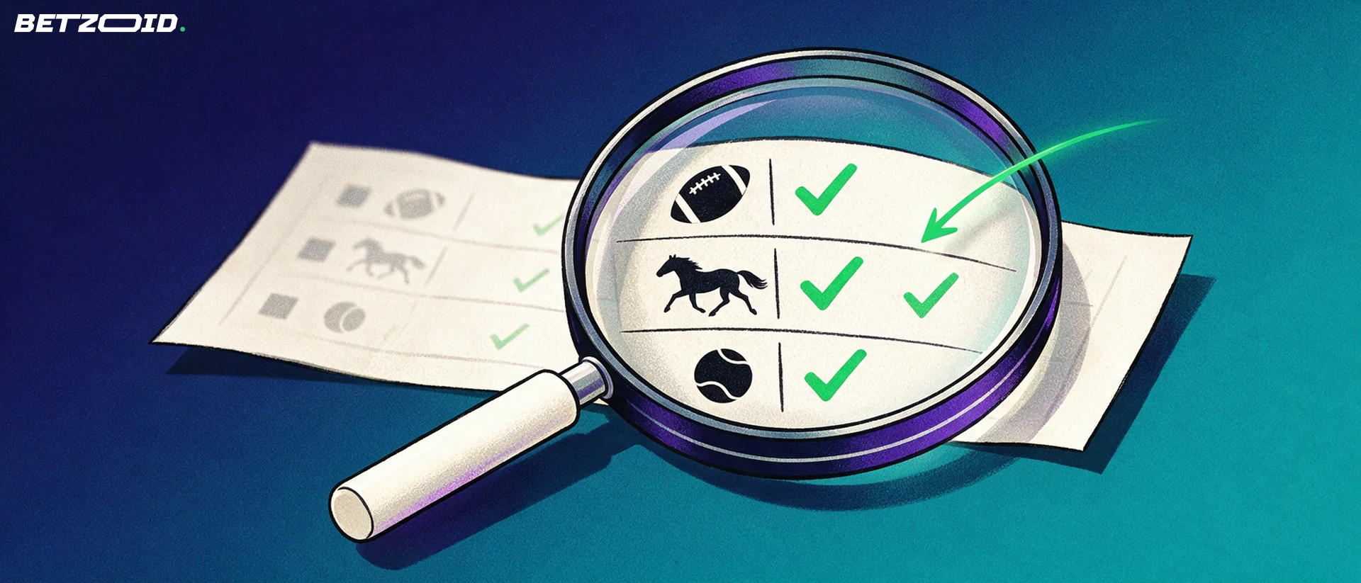 Ilustração de uma grande lupa sobre um boletim de apostas, ampliando símbolos de futebol, cavalo e tênis com marcas de verificação verdes.