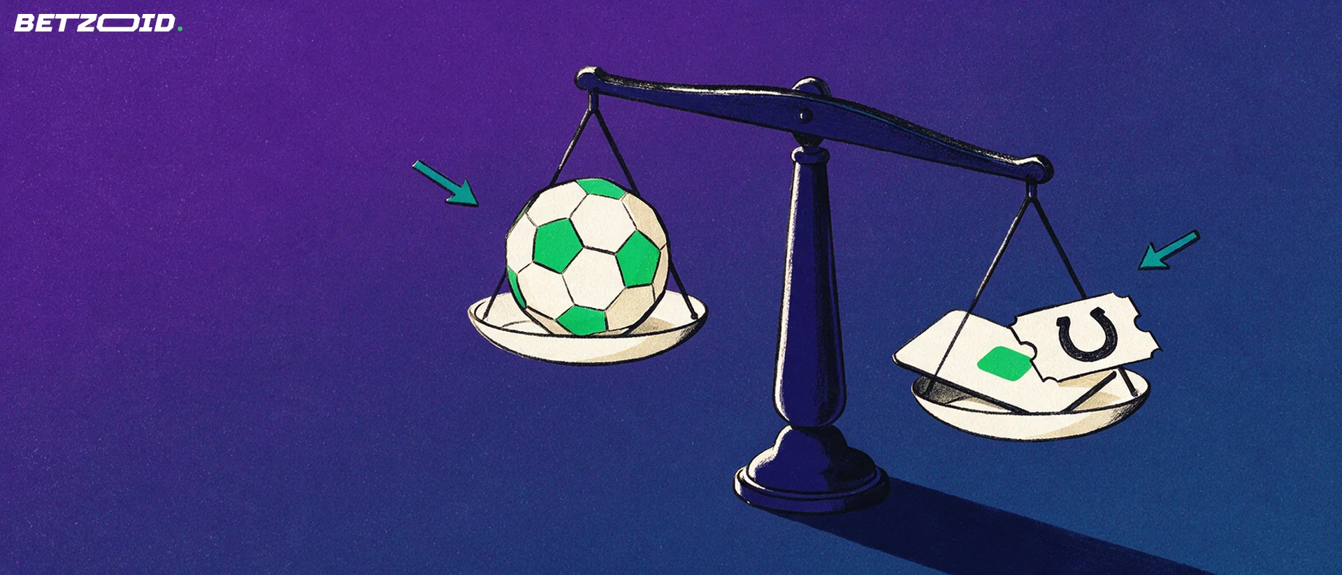 Ilustração de uma balança em equilíbrio com uma bola de futebol num prato e um cartão de pagamento com um bilhete no outro.