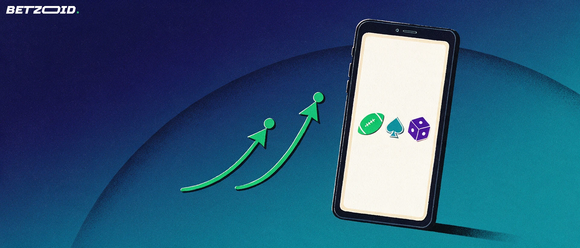 Ilustração de um telemóvel com ícones simples de bola de futebol, carta e dado, com setas verdes a subir ao lado.