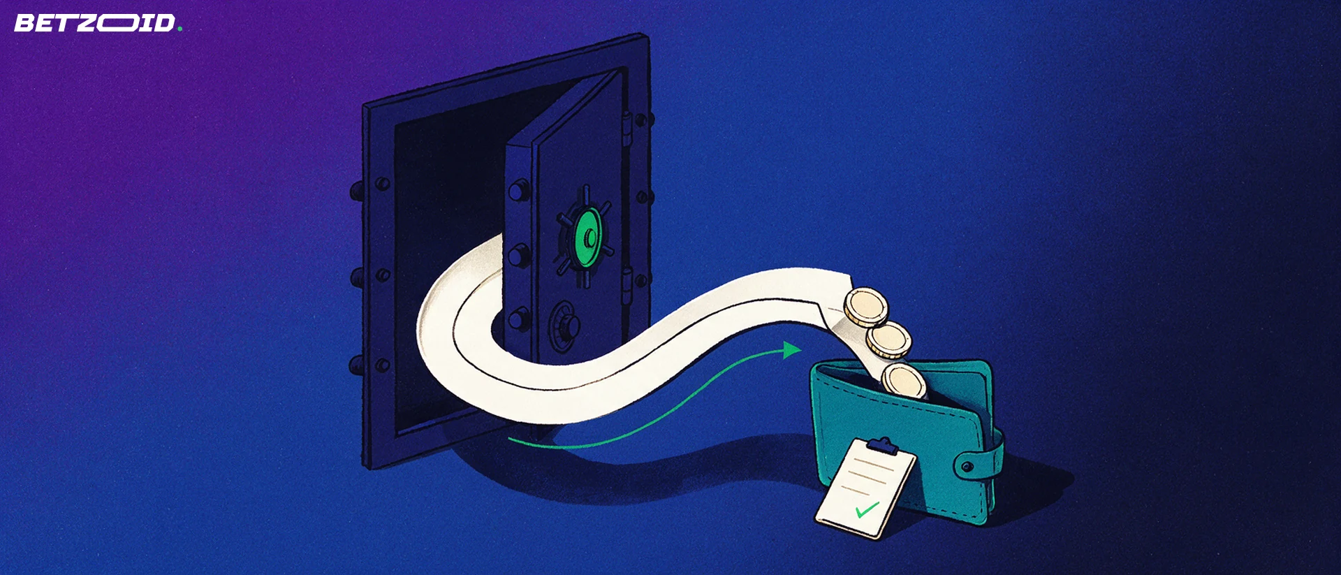 Illustration of chips sliding from an open vault along a chute into a wallet beside a small checklist clipboard