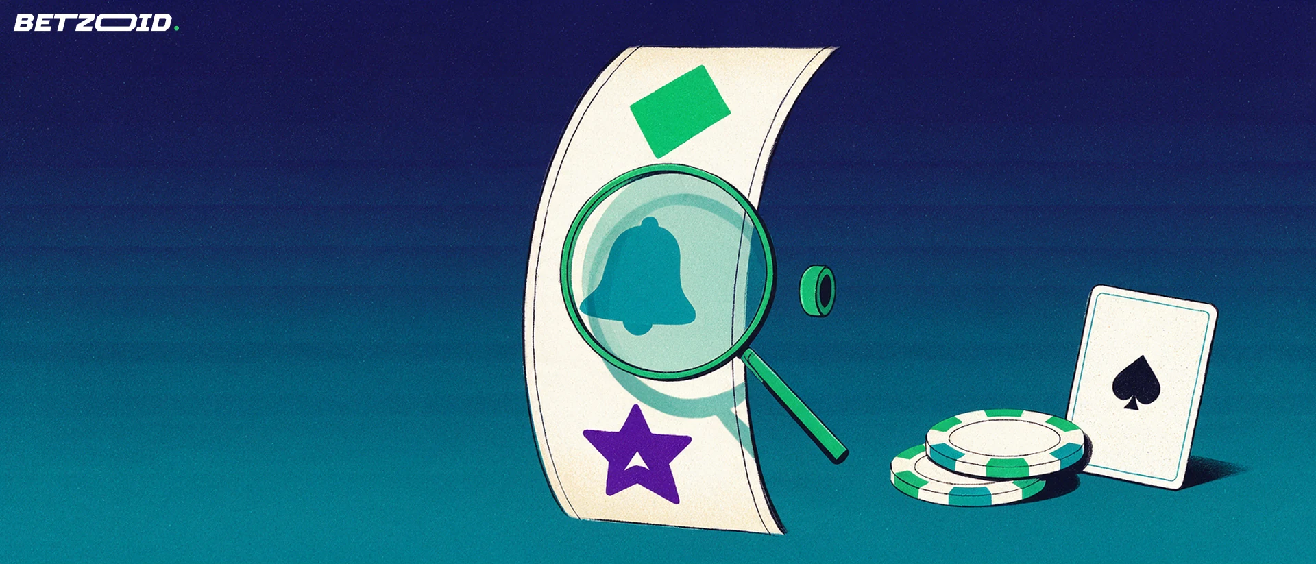 Ilustração de um tambor de slot machine com três símbolos geométricos observado por uma grande lupa, ao lado de fichas de casino e uma carta de jogar.