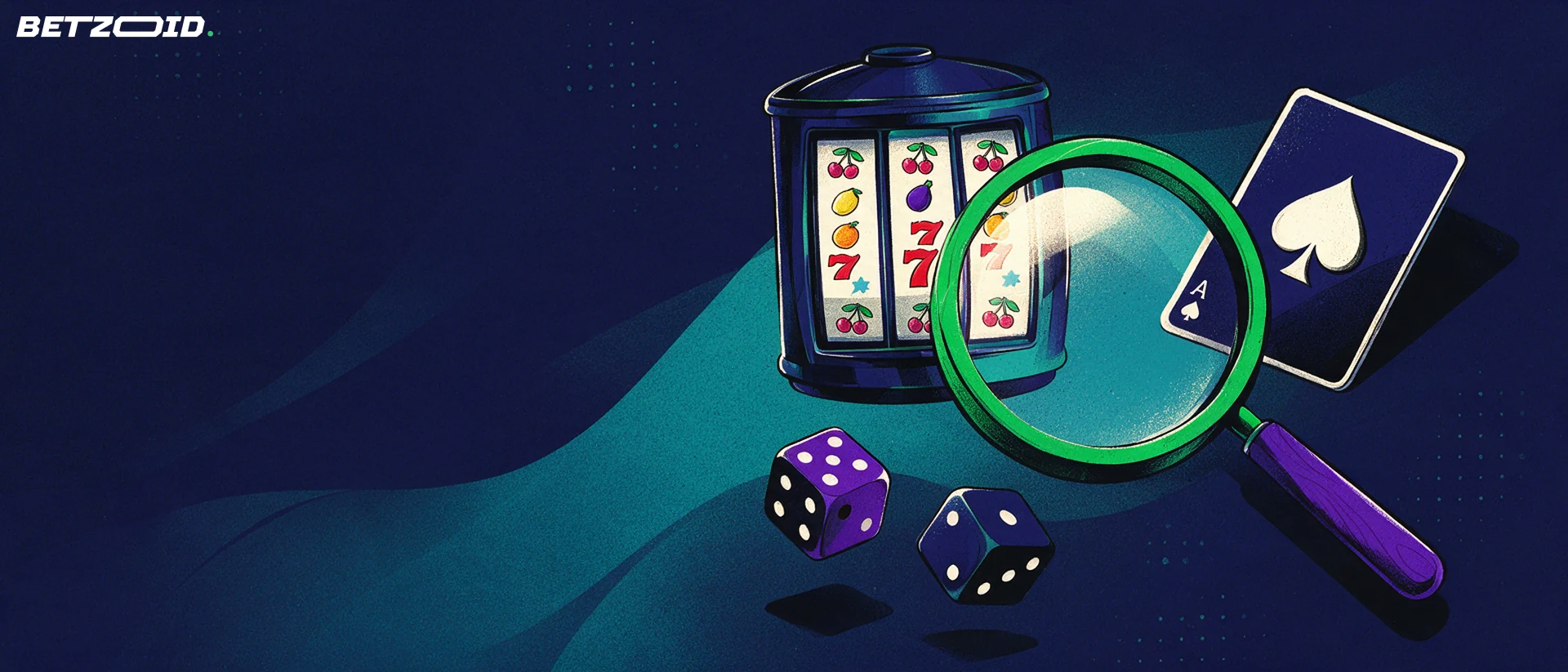 Ilustração de uma lupa grande a ampliar um cilindro de slot, uma carta de jogar e dados, sobre fundo azul-escuro e turquesa.