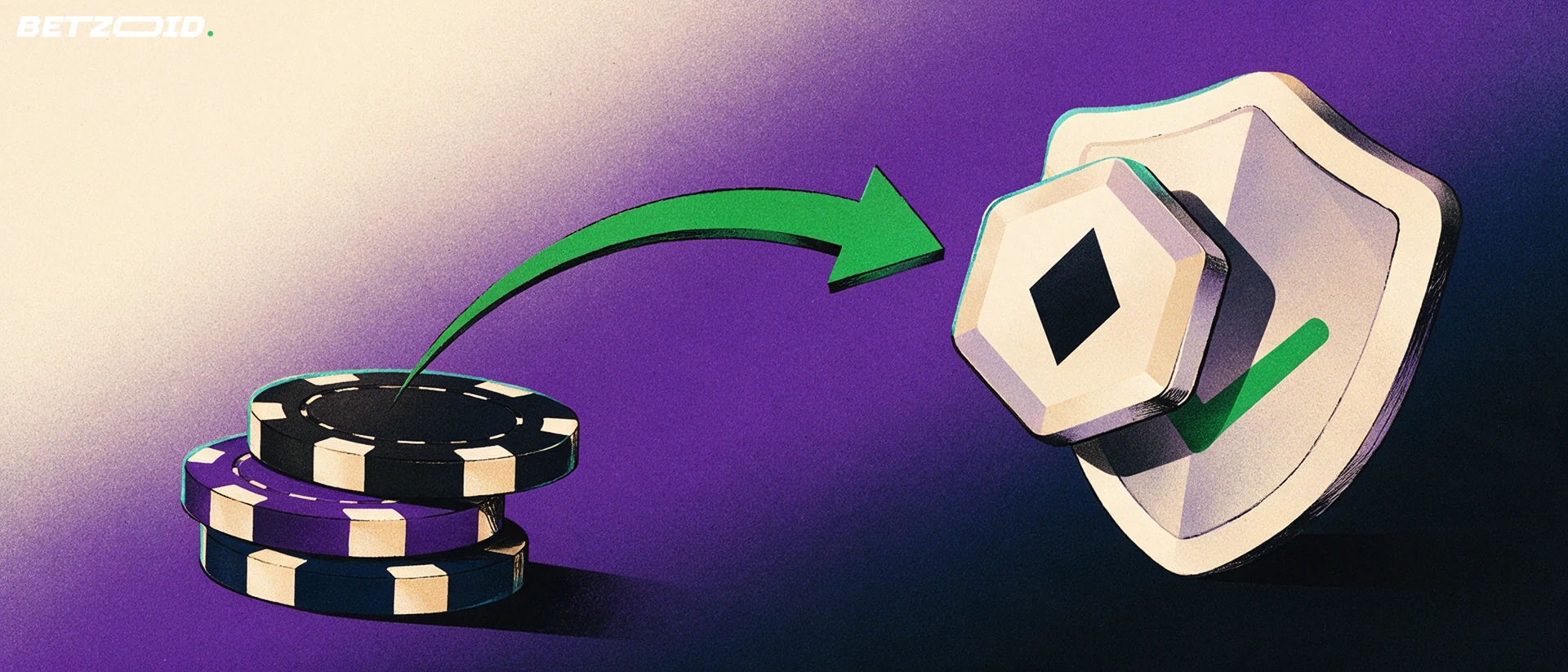 Ilustração de pilha de fichas de casino ligada por uma seta a uma ficha digital hexagonal, com um escudo e visto atrás, em fundo roxo e azul.