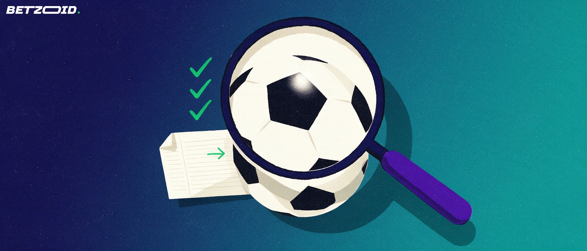 Ilustração de uma lupa a ampliar uma bola de futebol ao lado de um boletim de apostas em branco, com marcas de verificação verdes, sobre fundo azul-escuro.
