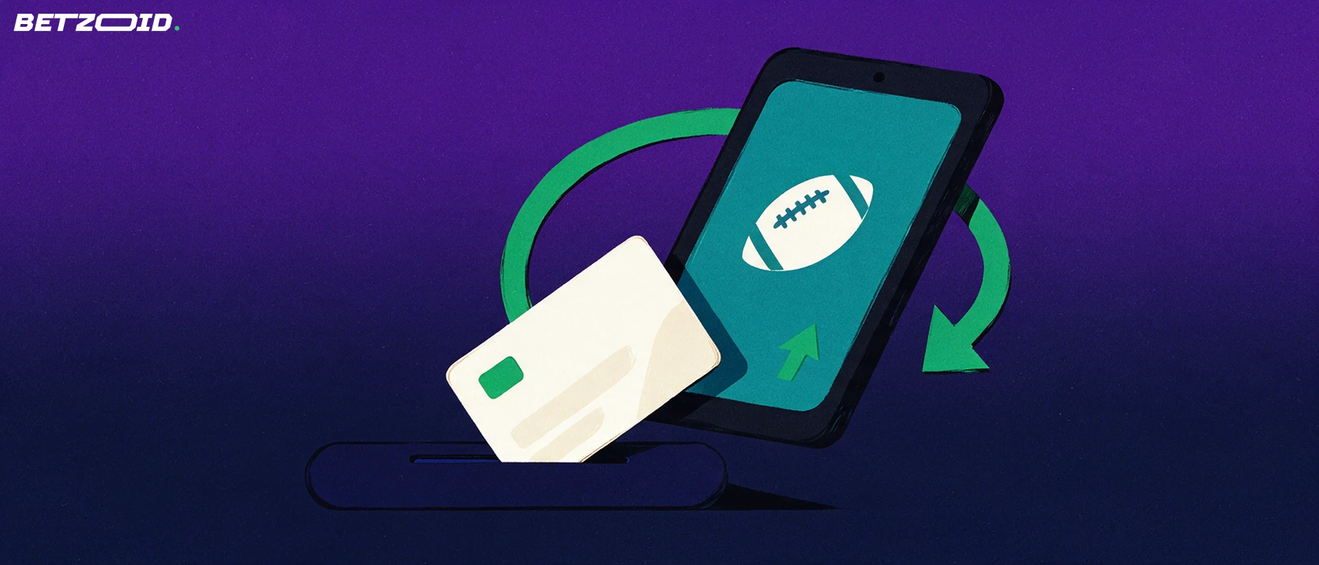Ilustração de um telemóvel com um símbolo de bola de futebol no ecrã junto a um cartão de pagamento sem marca e uma seta verde em círculo, sobre fundo roxo-azulado.