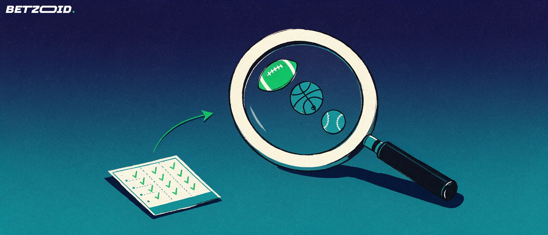 Illustration of a magnifying glass inspecting a betting slip, with American football, basketball and baseball symbols enlarged in the lens.