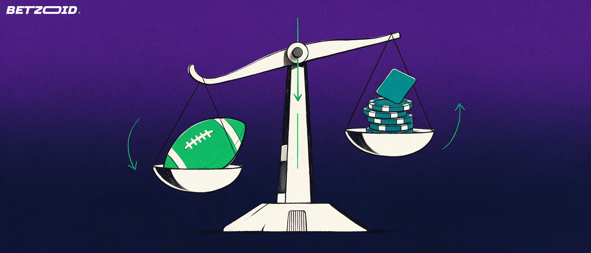 Illustration of a balance scale weighing an American football against a stack of betting chips and a blank card.