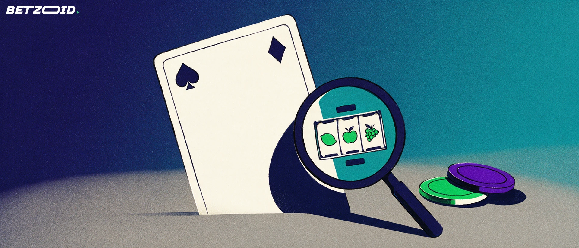 Ilustração de uma lupa a ampliar símbolos de slot machine sobre uma carta de jogo gigante, com duas fichas de casino ao lado.