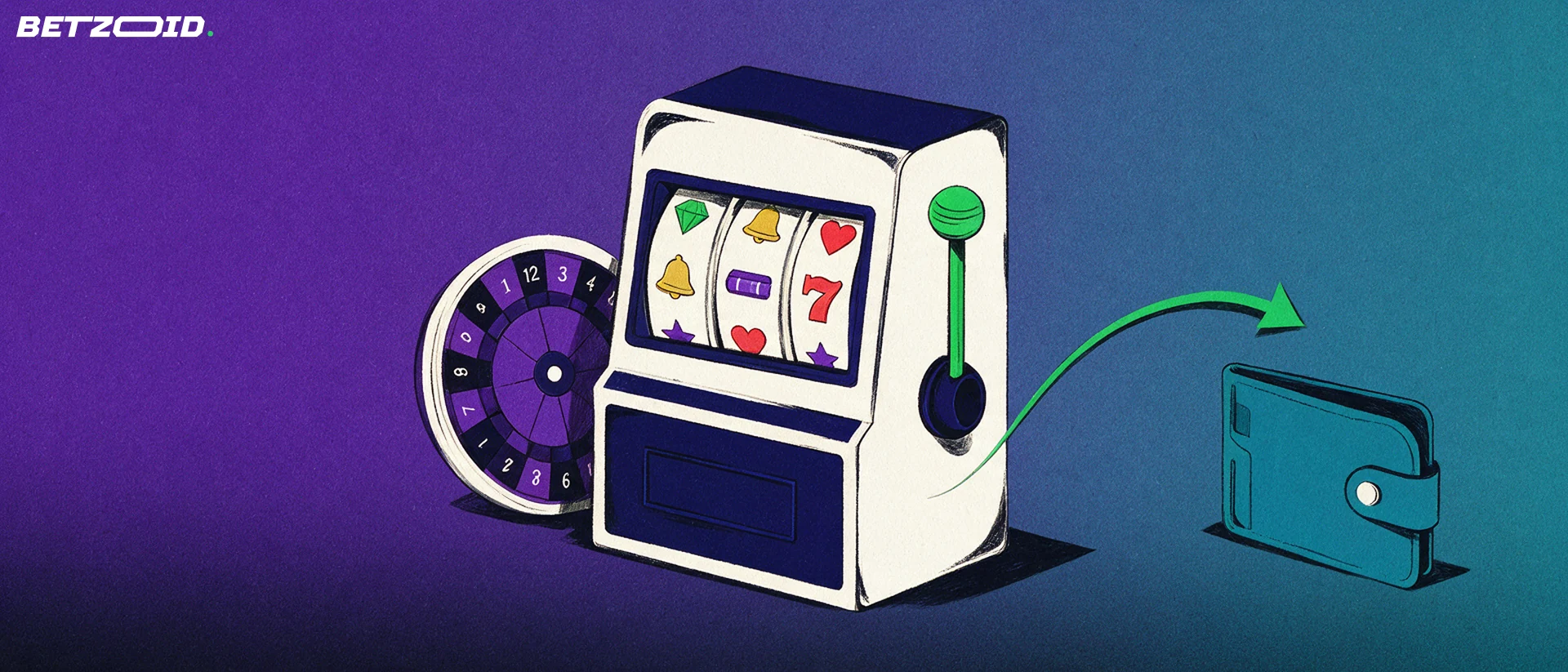 Ilustração de uma slot machine com rolos, uma roda de roleta inclinada e uma seta verde a apontar para uma carteira.